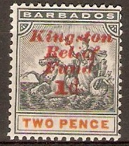 Barbados 1906 1d on 2d Slate-black and orange. SG153.